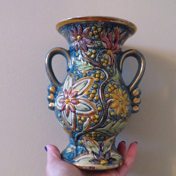 Vintage blue/gold H. Bequet Belgium quaregnon vase number 408, Mint Condition 50 - Picture 10 of 12